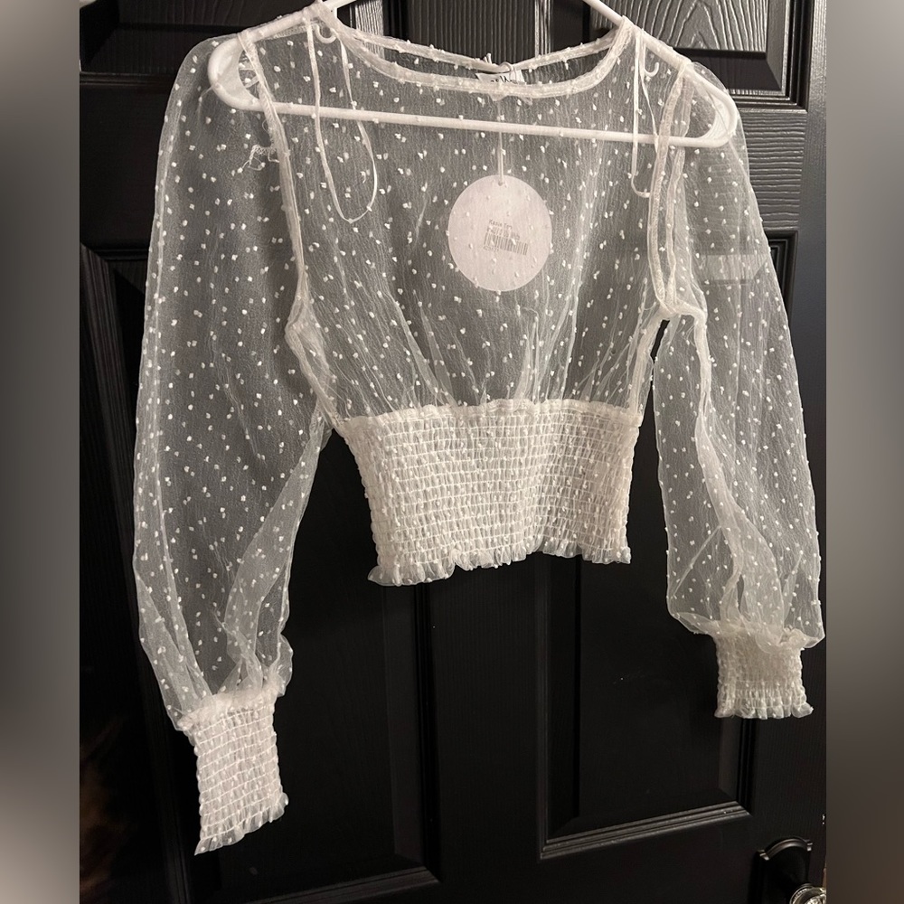 PRINCESS POLLY WHITE SHEER POLKA DOT TOP WITH PUFF SLEEVES